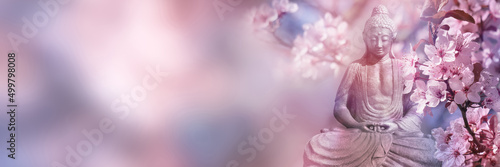 beautiful cherry blossoms around the buddha statue in springtime, sunshine on idyllic garden with cherry tree and budda on blurred sky background with copy space, floral asian culture concept photo
