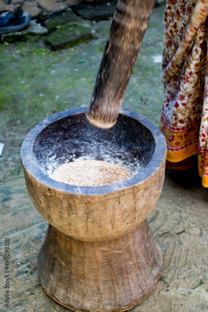 Pesting beans in a Ukhal musal (Mortal and Pestle) Pesting beans in a Ukhal musal (Mortal and Pestle)