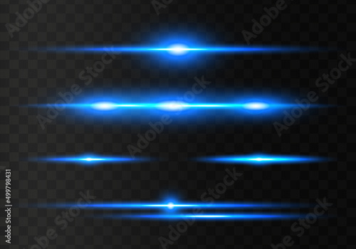 Abstract light flares, laser beams, sparkling lined, horizontal light rays. Set of blue horizontal lens flares pack.  Vector illustration.