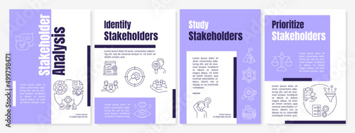 Stakeholder analysis purple brochure template. Stakeholders mapping. Leaflet design with linear icons. 4 vector layouts for presentation, annual reports. Anton, Lato-Regular fonts used