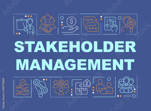 Stakeholders management word concepts dark blue banner. Business partnership. Infographics with icons on color background. Isolated typography. Vector illustration with text. Arial-Black font used