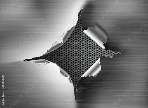 ragged Hole torn in ripped metal on steel background