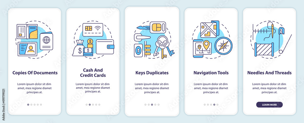 Essential things to pack onboarding mobile app screen. War actions walkthrough 5 steps graphic instructions pages with linear concepts. UI, UX, GUI template. Myriad Pro-Bold, Regular fonts used