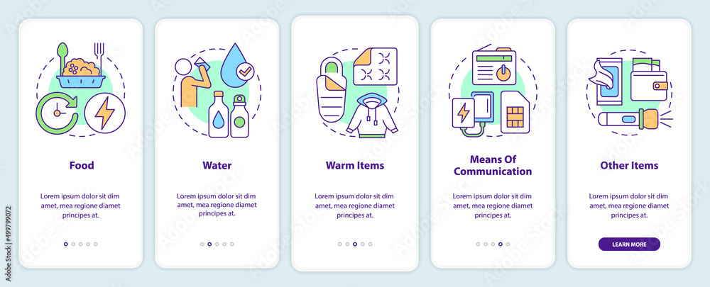Supplies to survive in occupation onboarding mobile app screen. War walkthrough 5 steps graphic instructions pages with linear concepts. UI, UX, GUI template. Myriad Pro-Bold, Regular fonts used