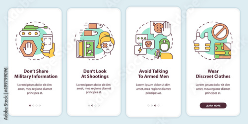 Actions during war for civilians onboarding mobile app screen. Survive walkthrough 4 steps graphic instructions pages with linear concepts. UI, UX, GUI template. Myriad Pro-Bold, Regular fonts used