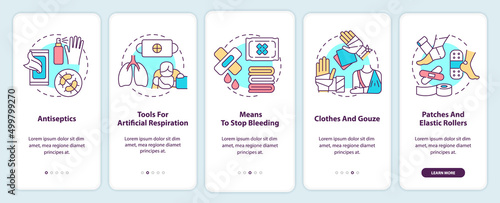 First aid kit onboarding mobile app screen. Surviving at war walkthrough 5 steps graphic instructions pages with linear concepts. UI, UX, GUI template. Myriad Pro-Bold, Regular fonts used