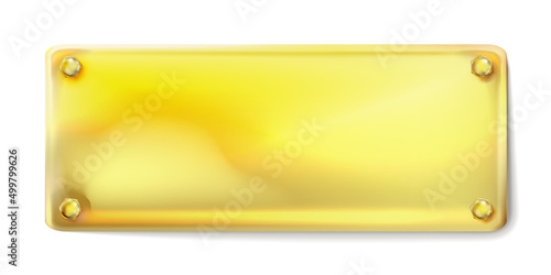 Realistic rectangular light golden plate with gold screws isolated. Vector