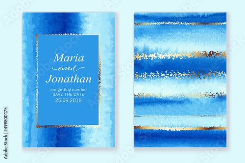 Set of wedding cards, invitation. Save the date sea style design. Blue watercolor wash, golden lines, splatters.  Summer background.