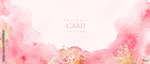 Pink, white, black watercolor fluid painting vector background design. Golden dots, splatters. Abstract monochrome watercolor washes, forms. Elegant, shiny, chic card, cover, art design