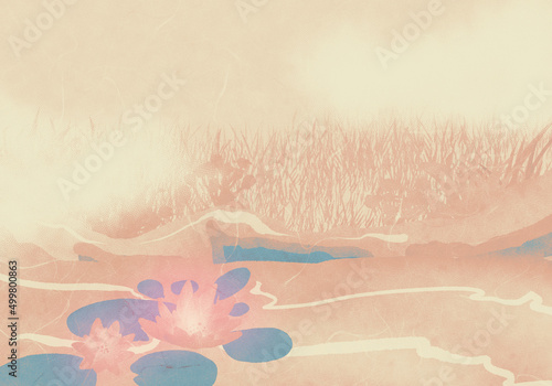 スイレンの咲く池・和紙テクスチャの背景イラストセピアカラー © Rainowl