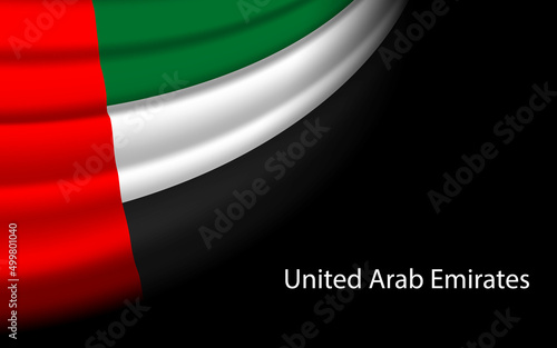 Wave flag of United Arab Emirates on dark background. Banner or ribbon vector template
