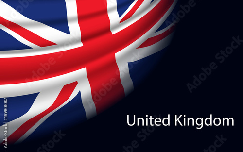 Wave flag of United Kingdom on dark background. Banner or ribbon vector template