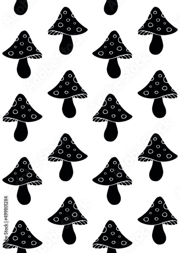 Vector seamless pattern of hand drawn doodle sketch black fly agaric mushroom isolated on white background