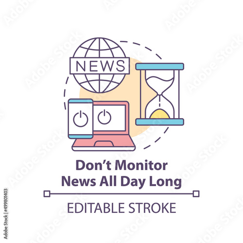 Dont monitor news all day long concept icon. Dealing with emotions during war abstract idea thin line illustration. Isolated outline drawing. Editable stroke. Arial, Myriad Pro-Bold fonts used