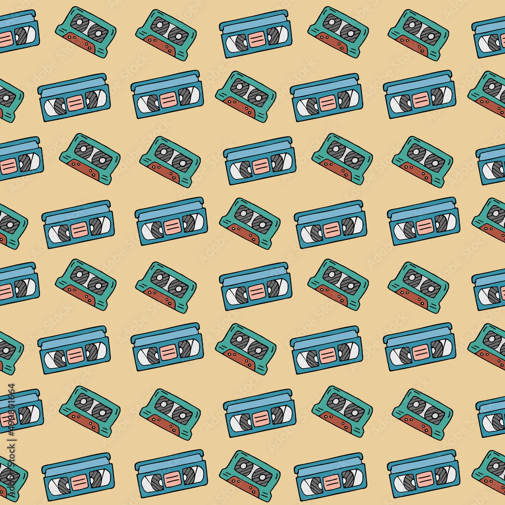 Retro pattern. VHS video and audio tapes. 90s style doodles seamless background. Trendy vector pattern. Doodle illustration for vintage designs. Retro pattern. VHS video and audio tapes. 90s style doodles seamless background. Trendy vector pattern. Doodle illustration for vintage designs.