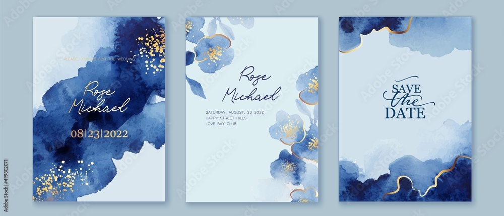 Set of elegant, romantic wedding crds, covers, invitations with shades of blue flowers.  Golden lines, splatters. Watercolor blossoms, abstract wash background. Spring, summer garden. - obrazy, fototapety, plakaty 