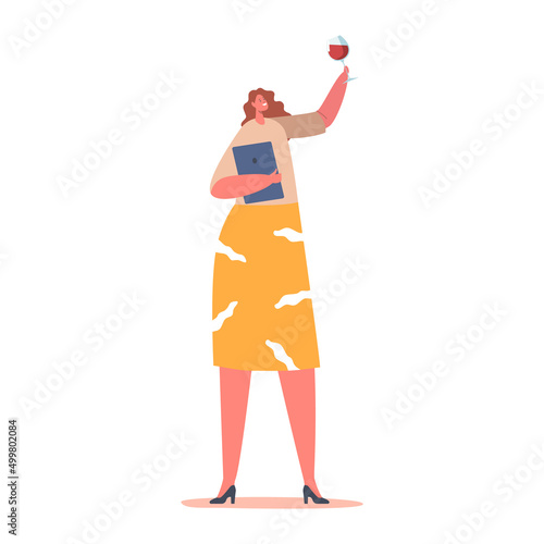 Sommelier Female Character Tasting Wine Concept. Specialist with Beverage in Wineglass and Tablet Pc, Drink Degustation