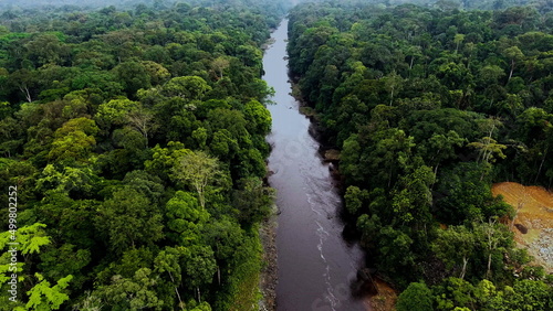 Aerial view of the River in the rainforest. Jungle in Africa. Tropical Africa. Equatorial Guinea. Evergreen tropical forest