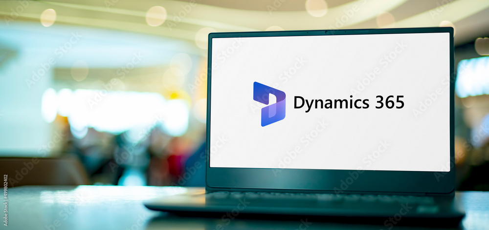 Laptop computer displaying logo of Microsoft Dynamics 365 Stock Photo ...