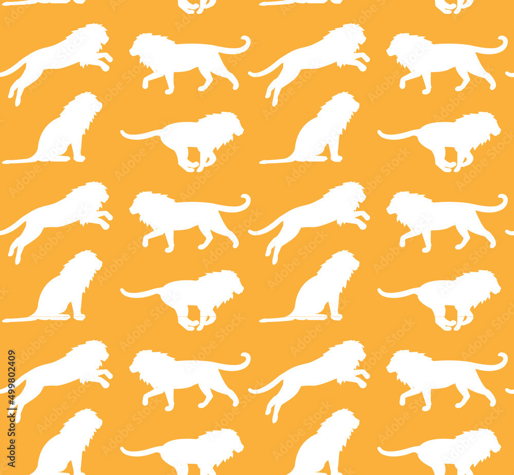 Vector seamless pattern of lions silhouette isolated on yellow background