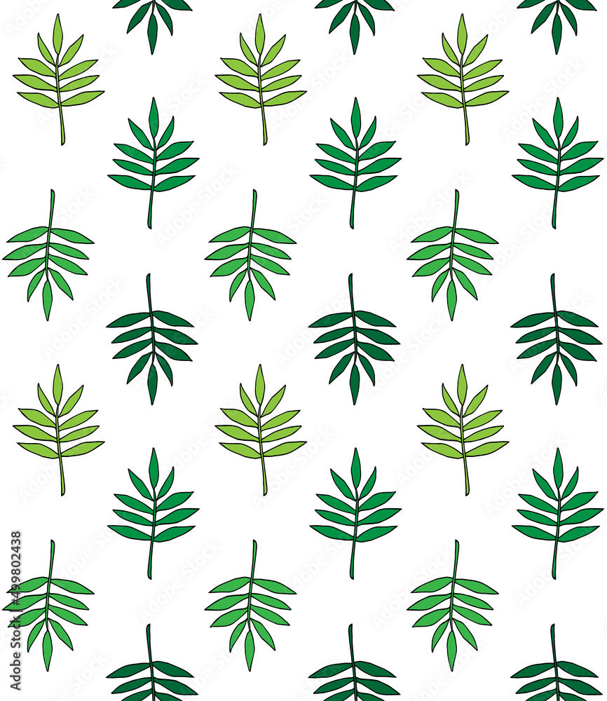 Vector seamless pattern of hand drawn sketch doodle green leaves isolated on white background