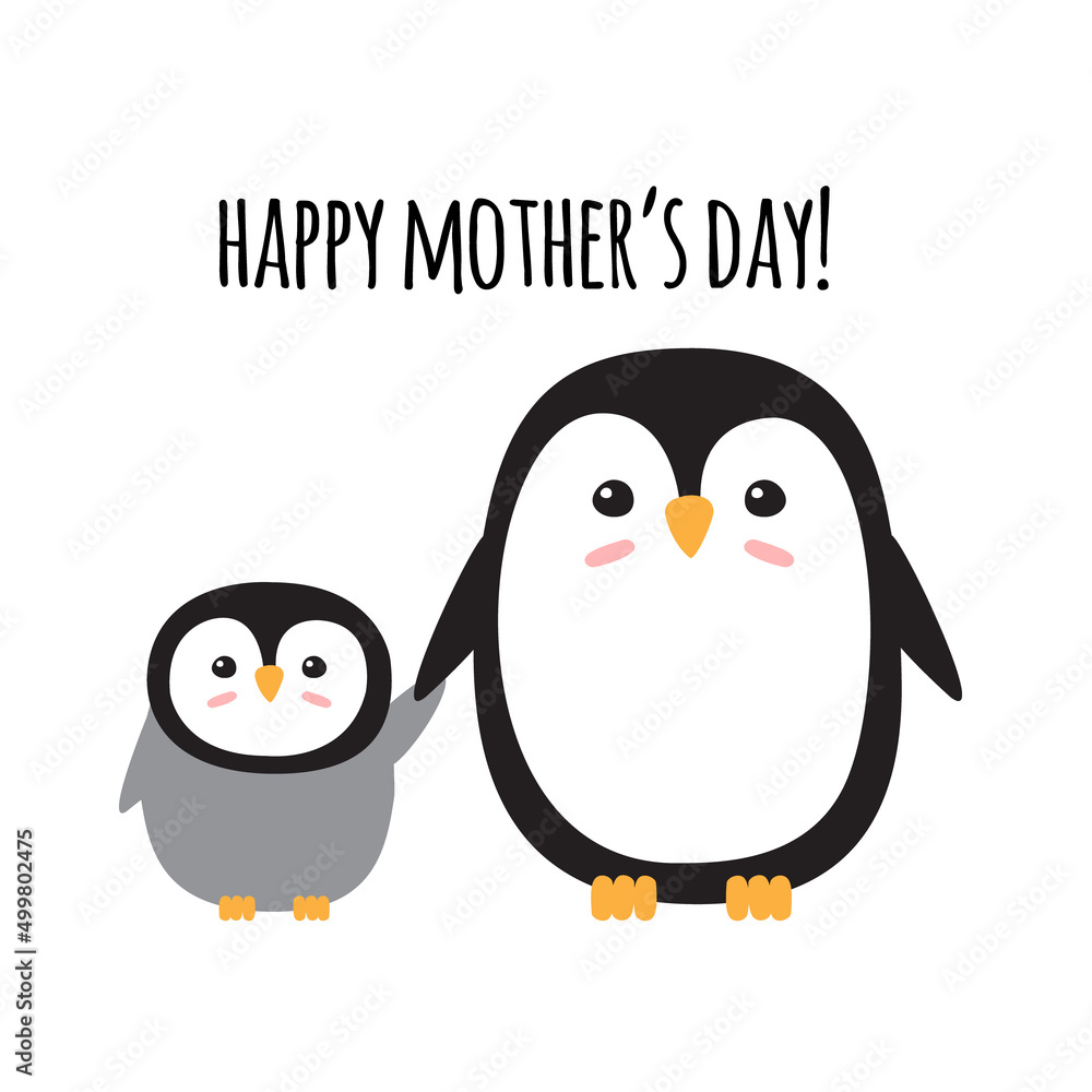Fototapeta premium Vector hand drawn flat penguin baby and happy Mother’s Day lettering isolated on white background