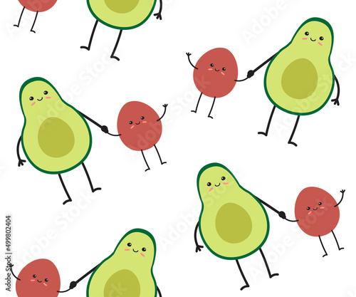Vector seamless pattern of flat avocado mom and baby isolated on white background