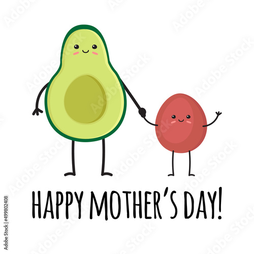 Vector flat avocado mom and baby and happy Mother’s Day text isolated on white background