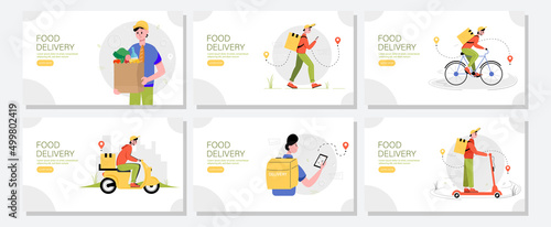 Food delivery web banners set. The concept of fast and free delivery. Vector illustration in cartoon style.