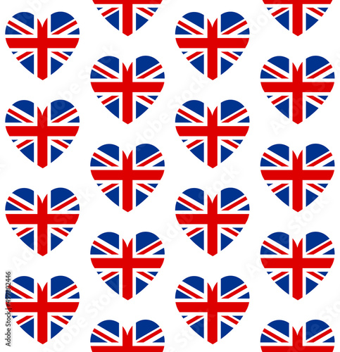 Vector seamless pattern of flat heart shaped Great Britain flag isolated on white background