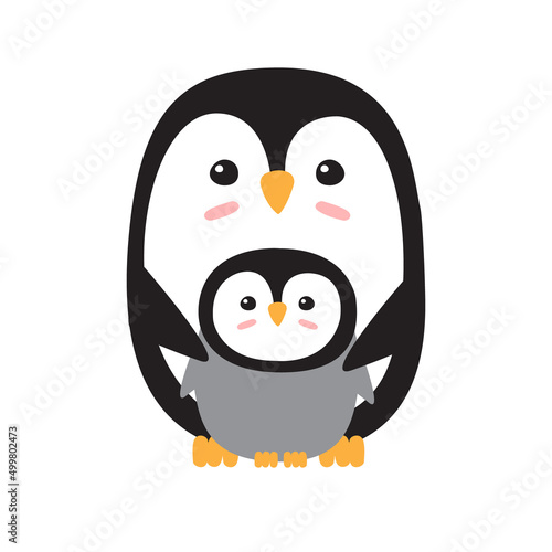 Vector hand drawn flat penguin baby and mom isolated on white background