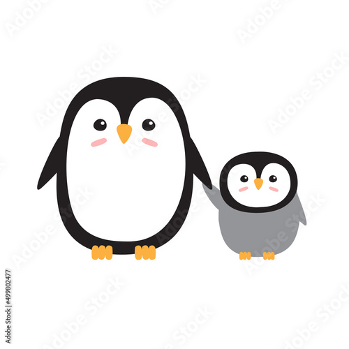 Vector hand drawn flat penguin baby and mom isolated on white background
