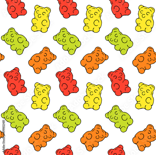Vector seamless pattern of hand drawn doodle sketch colored gummy bear isolated on white background