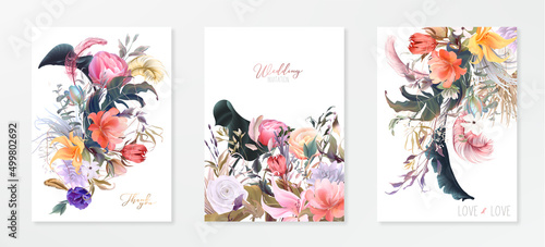 Tropical floral art, Wedding invitation frame set; flowers, leaves, watercolo...
