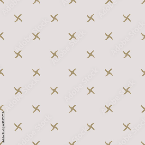 Vector golden minimalist seamless pattern with small crosses or tiny stars. Simple gold minimal geometric texture. Repeat wide design for decor, wallpapers, fabric and textile.