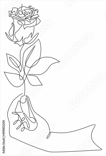 Hand holding rose flower. Continuous one line drawing, minimalism vector illustration
