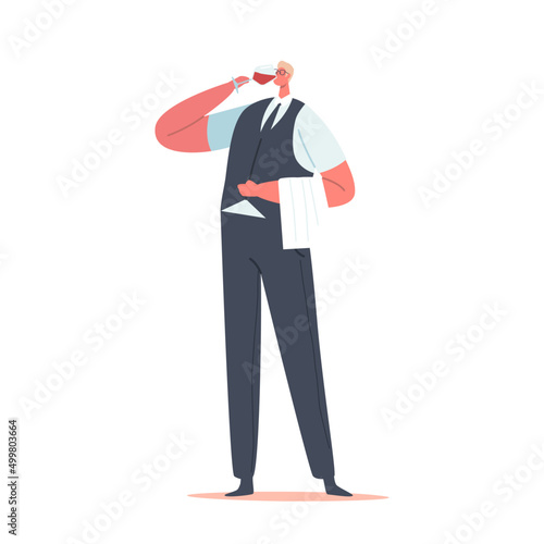 Sommelier Tasting Wine Concept. Specialist Male Character Drink Beverage from Wineglass Alcohol Drink Degustation