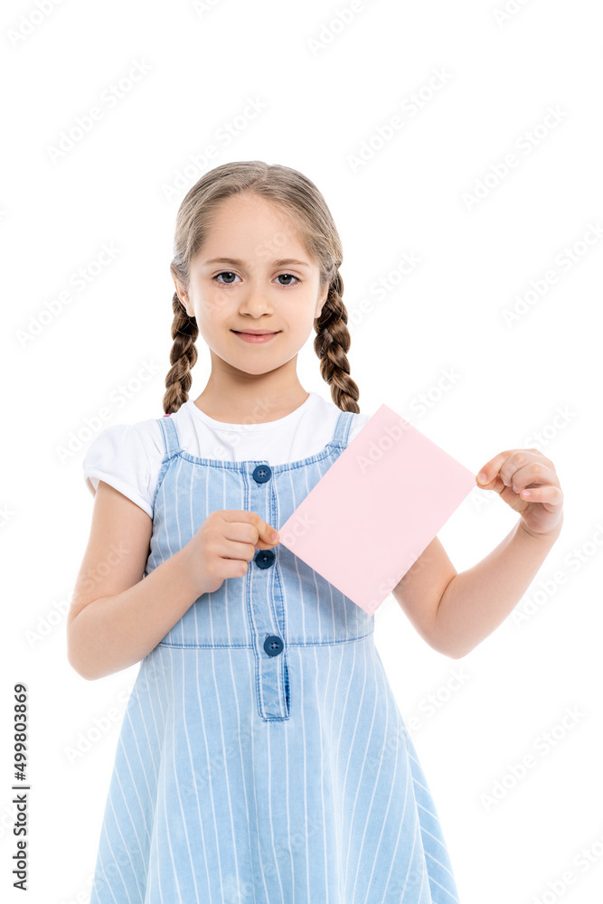smiling girl with braids showing blank pink card isolated on white. smiling girl with braids showing blank pink card isolated on white.