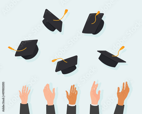 Students throw graduation caps in the air. Vector illustration.