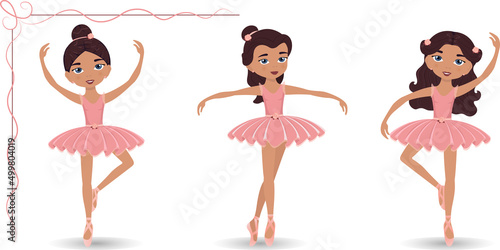 Vector set of three ballerinas in different poses and with different hairstyles