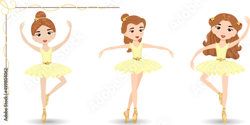 Vector set of three ballerinas in different poses and with different hairstyles