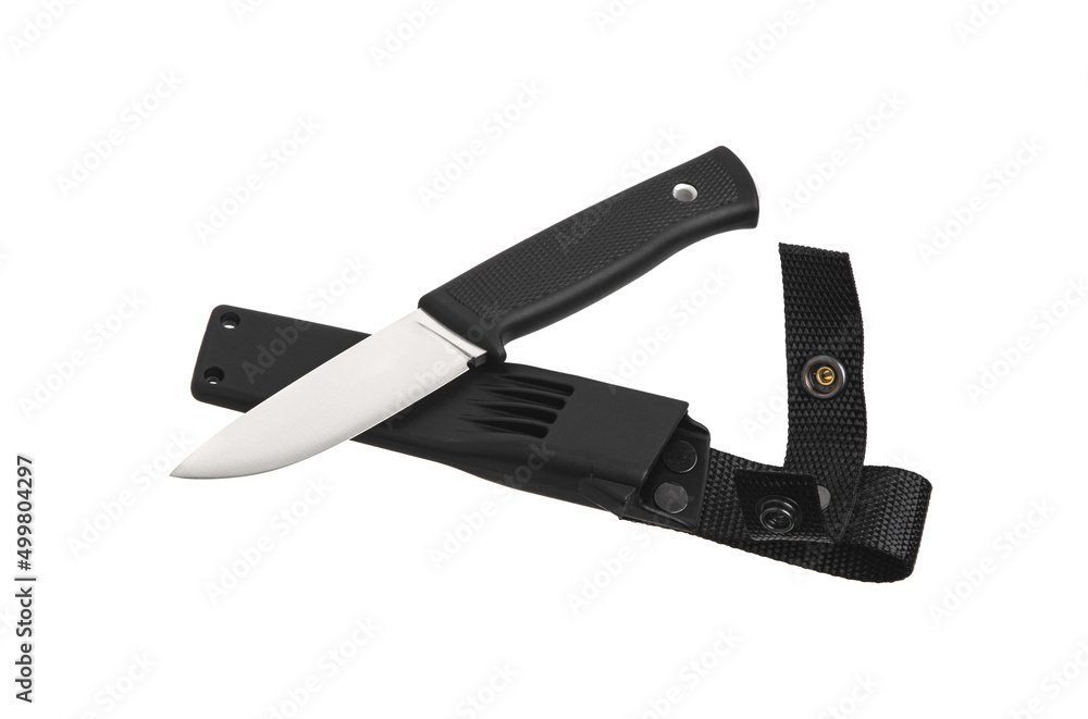 Modern hunting knife with silver blade and rubber handle. Steel arms. Isolate on a white back Modern hunting knife with silver blade and rubber handle. Steel arms. Isolate on a white back