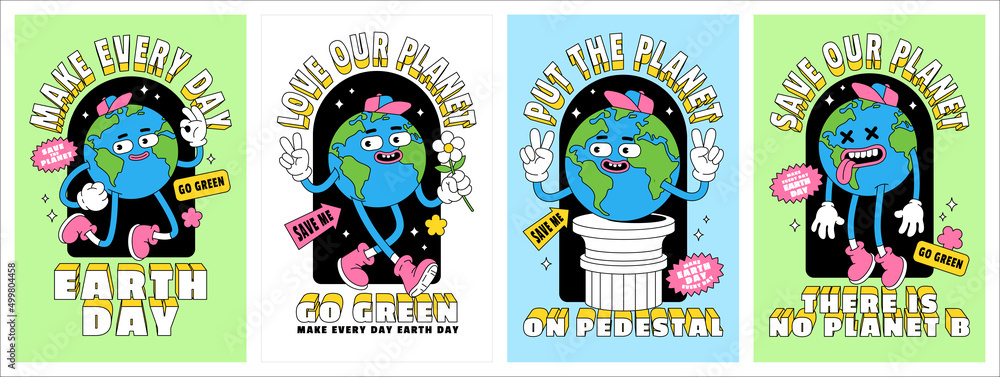 Save the planet in trendy retro cartoon style. Set of Earth Day posters. World Environment Day cards.