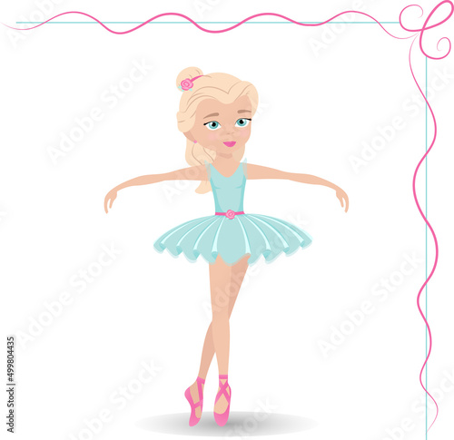 Cute girl ballerina in a blue dress, vector illustration on a white background.