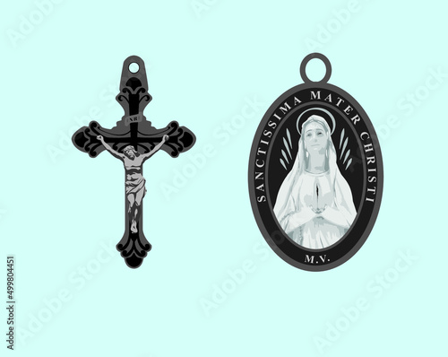 Vector designed cross crucifixed Jesus Christ and the virgin Maria medallion Madonna immacolata concezione