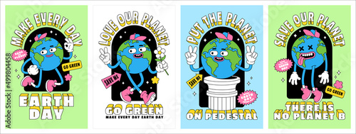 Save the planet in trendy retro cartoon style. Set of Earth Day posters. World Environment Day cards.