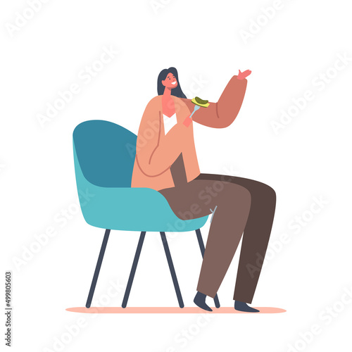 Female Character Sit on Chair Holding Fork with Piece of Cucumber in Hands Isolated on White Background. Woman on Diet