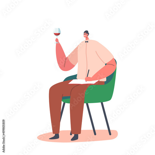 Sommelier Tasting Wine, Degustation Concept. Specialist Male Character Sitting on Chair with Glass of Alcohol Drink