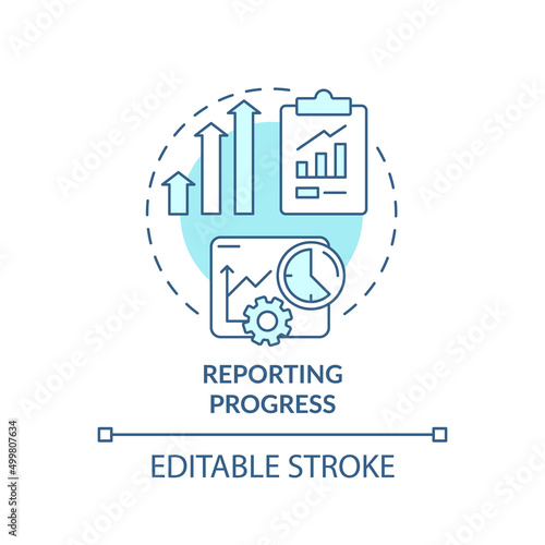 Reporting progress turquoise concept icon. Business analyst responsibility abstract idea thin line illustration. Isolated outline drawing. Editable stroke. Arial, Myriad Pro-Bold fonts used