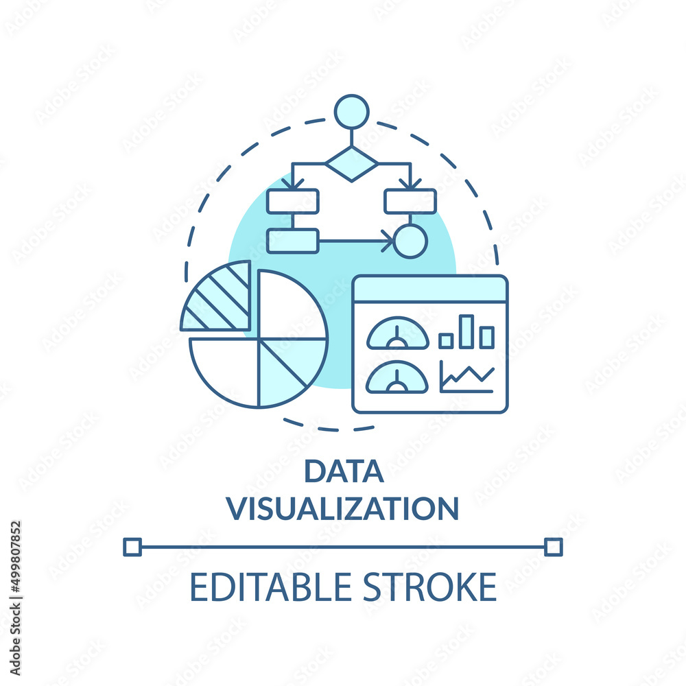 Data visualization turquoise concept icon. Business intelligence implementation abstract idea thin line illustration. Isolated outline drawing. Editable stroke. Arial, Myriad Pro-Bold fonts used Data visualization turquoise concept icon. Business intelligence implementation abstract idea thin line illustration. Isolated outline drawing. Editable stroke. Arial, Myriad Pro-Bold fonts used